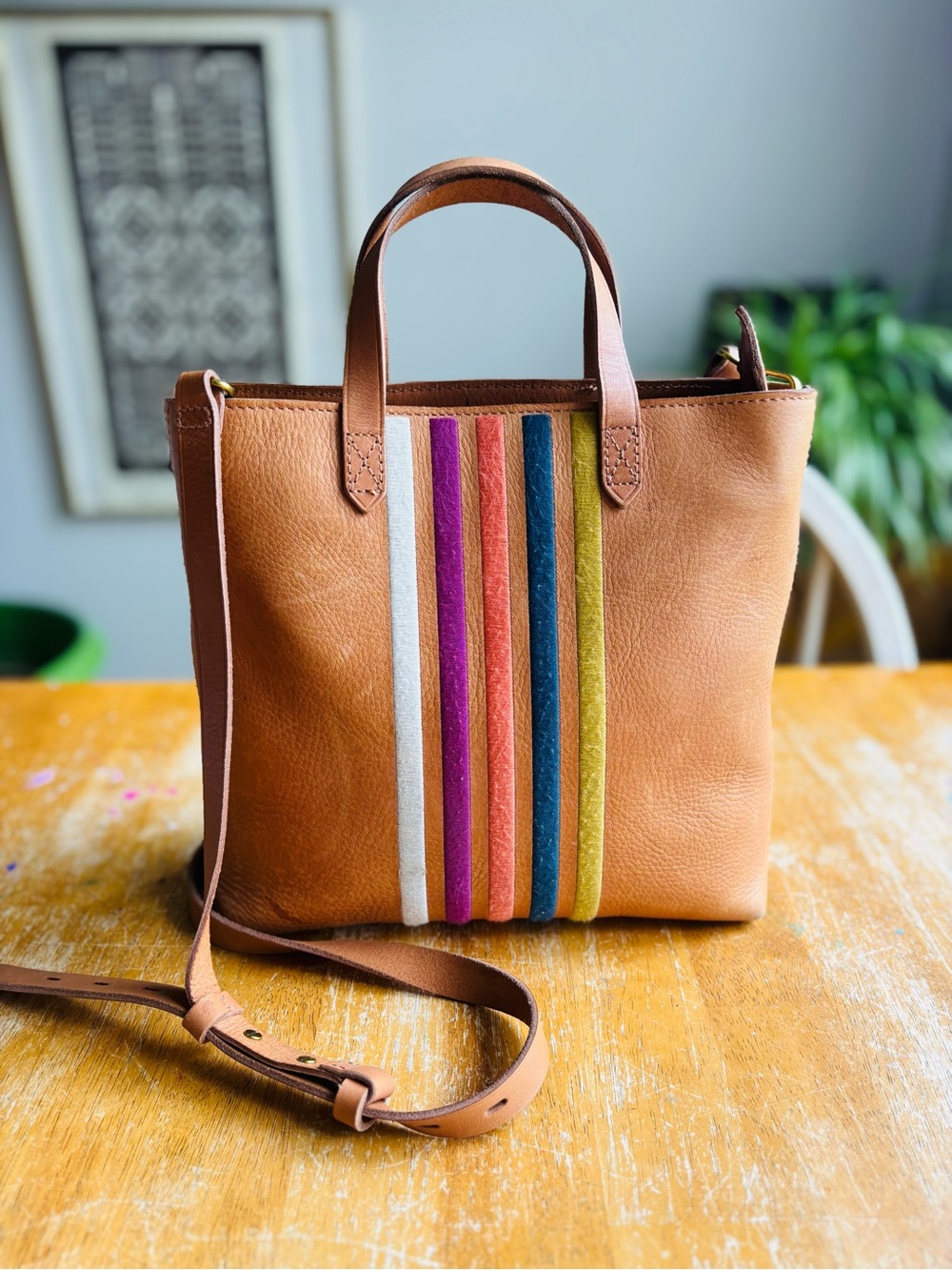 Madewell Tan Zip Top Transport Crossbody Leather Tote Bag Multicolor Stripe